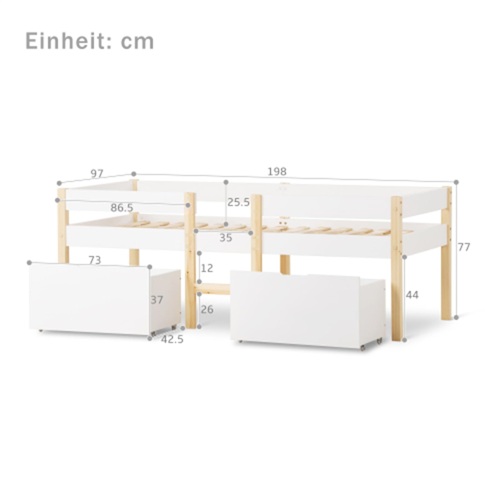 Cama alta para niños, habitaciones juveniles, madera de pino maciza, 90 x 190 cm, cama de almacenamiento multifuncional con cajones y protección contra caídas, colchón no incluido