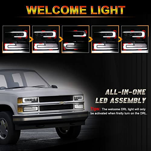 Movotor Led Headlight Assembly Replacement 500% Bright Anti-Glare Headlights With Welcome Drl Turn Signal Lights Compatible With 1988-1998 Chevy Gmc C/K 1500 2500 3500 Suburban Silverado Tahoe Yukon #TOP2