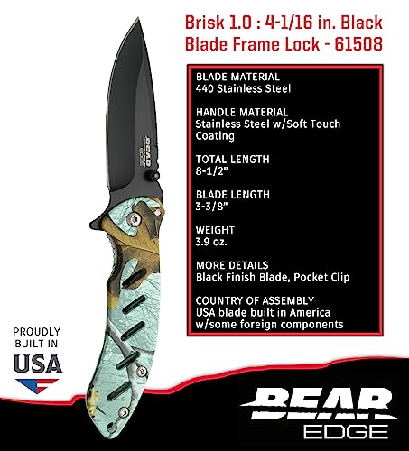 Bear Edge Brisk 1.0 Folding Knife, 3 3/8” 440 High Carbon Black Stainless Steel Blade, Teal Camo Handle With Soft Touch Coating, Flip Open (61506) #TOP4