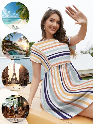 Image of Womens Summer Striped Short Sleeve T-Shirt Dresses Casual Crew Neck Mini Dress Flowy Beach Sundress