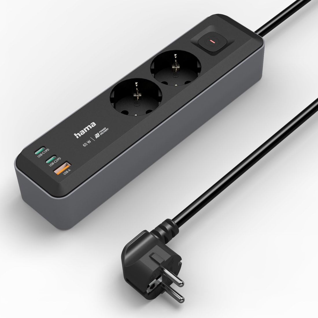Hama Steckdosenleiste mit 2 Erdungssteckdosen + 3 USB-Ports mit Schalter (Mehrfachsteckdose, 2 x USB-C + 1 x USB-A, 65 W PD, Schnellladung, Kabel 1,4 m, 2 Schuko-Steckdosen, kompatibel mit Frankreich