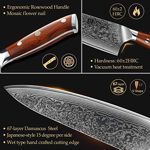 Xinzuo Damascus Steel 15Pcs Kitchen Knife Block Set With Honing Steel And Kitchen Shears, Sharp Forged Cooking Knife Set -Chef Santoku Slicing Boning Utility Paring Knife And 6Pcs Steak Knife Set #TOP2