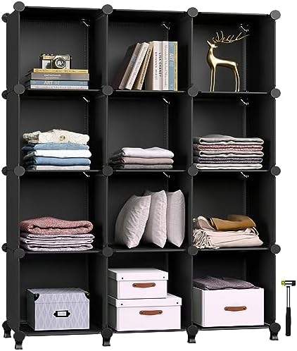 GREENSTELL 12 Cubes Storage Organizer,DIY Plastic Stackable Shelves Multifunctional Modular Bookcase Closet Cabinet for Books,Clothes,Toys,Artworks,Decorations(Black)