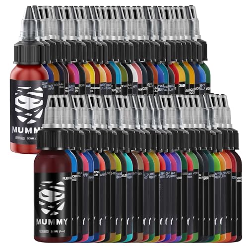 Mummy Anubis Tattoo Ink Set 64 Colors Evenly Long Lasting Vibrant and Bright, No Irritation Set 1 oz(30ml)