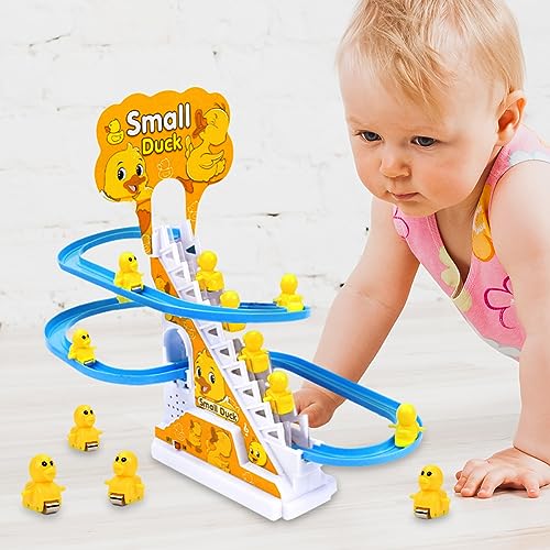 9 Stück Elektrische Ente Treppensteigen Spielzeug, Achterbahn Musik Ente Set mit LED Blinklichtern, Montessori Baby Spielzeug, Elektrische Badewannenspielzeug, Geburtstag Geschenk(Farbiges Kasten)
