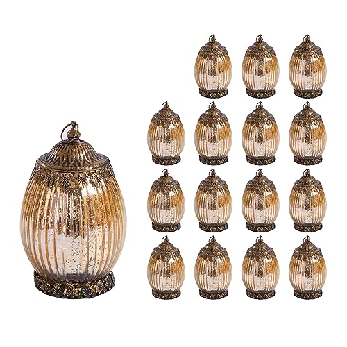 Jinfa Lot de 16 Lanternes ovales LED à piles, lampes d'ambiance décoratives de style oriental | Or | Ø 10.5cm × H 18cm