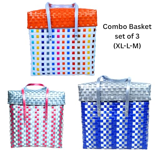 Image of Hand Made Multipurpose Plastic Basket with Lid | Eco-Friendly, Washable, Rust-Free Storage Basket for Kitchen, Picnic, Toys, Travel, Office | Lightweight basket (MULTI COLOUR, SET OF 3 (XL-L-M))