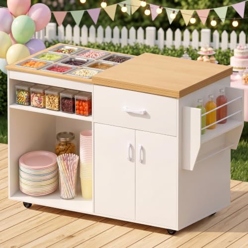 Charcuterie Cart with 9 Stainless Steel Food Pans, Mobile Wooden Buffet Cart with Foldable Prep Surface & Bottle Storage Rack, Large Storage Space, Salad Bar Station, Kitchen Island Includes for Party