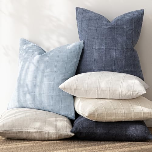 Image of Foindtower Set of 1 Decorative Linen Check Throw Pillow Cover Neutral Farmhouse Vintage Cushion Cover Modern Boho Accent Home Decor for Sofa Chair Couch Bedroom Living Room,20x20 Inch,Sky Blue