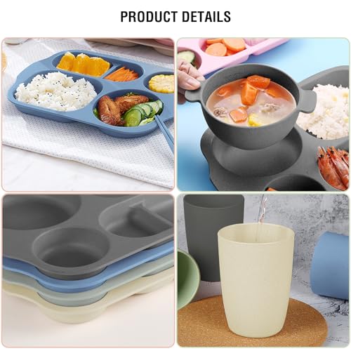 shopwithgreen Wheat Straw Dinnerware Cutlery Set, 20 PCS Kids Toddlers Divided Plates and Bowls Sets, Microwave Unbreakable Tableware Spoon Knife Cup, Dishwasher Safe for Kitchen Picnic School - image 4