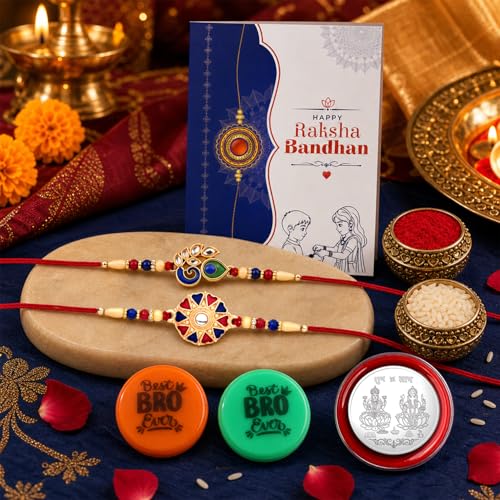 Image of Oblivion Rakhi Set for Brother (Set of 2) - Pecock & Round Design Rakhi Combo with Roli Chawal, Silver Color Coin, Multicolour Magnets & Greeting Card - Traditional Raksha Bandhan Gift Hamper for Bhai