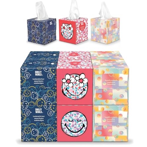 SMILEYWORLD Mouchoirs Ultra-Doux – 12 Boîtes Cube x 48 Feuilles (576 Feuilles) – 3 Plis – 3 Designs – Mouchoirs en Papier Résistants et Saugants (POP EDITION)