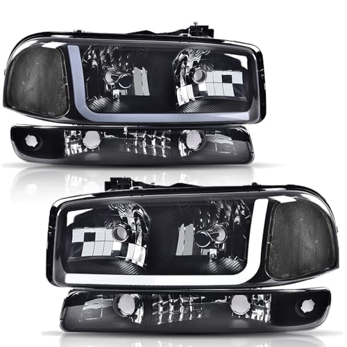 PIT66 LED DRL BAR Headlights Assembly, Compatible with 1999-2006 GMC Sierra /2000-2006 GMC Yukon, Headlamps Smoky Lens Black Housing Clear Reflector F