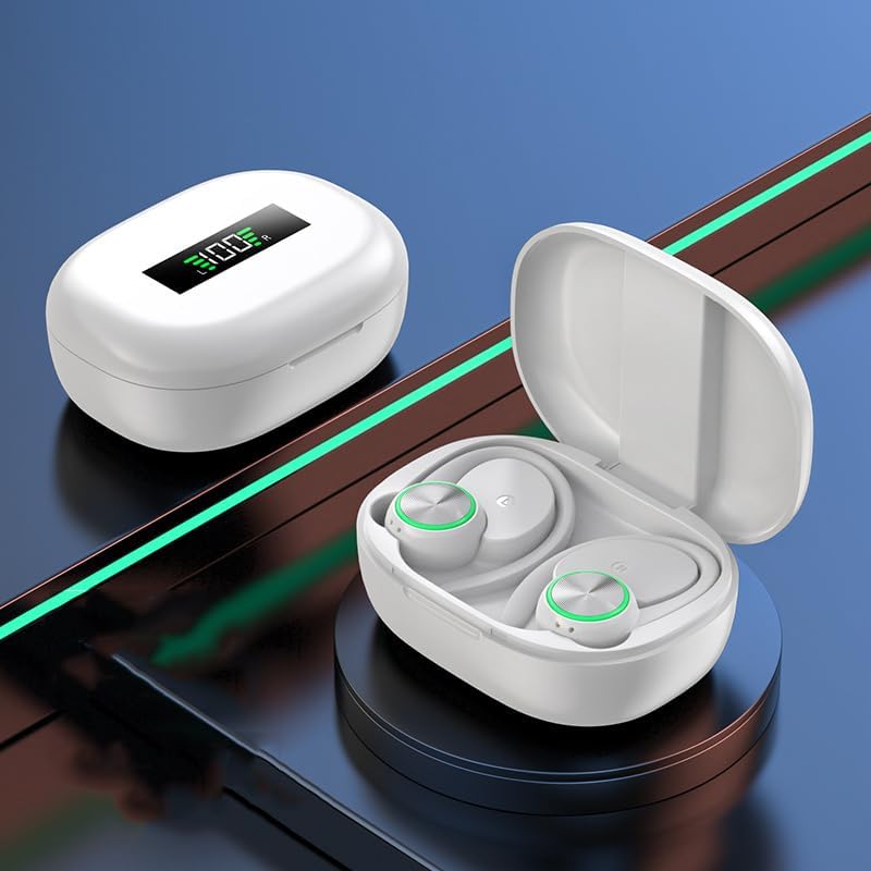 Wireless Earbuds Earhook Headphones Bluetooth 5.3 with LED Display Charging Case,IPX5 Waterproof in-Ear Ear Buds with Mic,Advanced Active Noise Cancelling,8H Single Use for Android/iOS Phone-White
