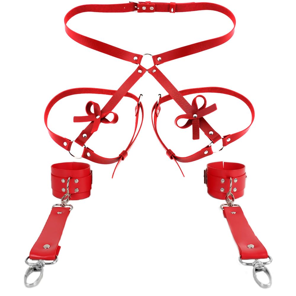 Punk Leder Oberschenkel-Harness & Taillenkette | Perfekt Für Gothic, Halloween, Partys | Verstellbar, PU-Leder, Dunkelrot