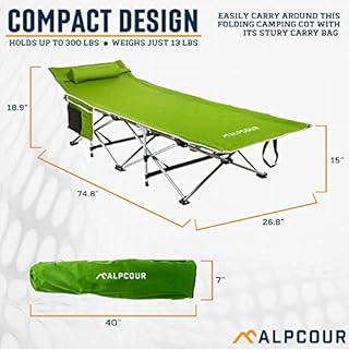 Alpcour Folding Camping Cot – Deluxe Collapsible Single Person Bed in a Bag w/Pillow for Indoor & Outdoor Use – Ultra Lightweight, Comfortable, Heavy Duty Design Holds Adults & Kids Up to 300 Lbs