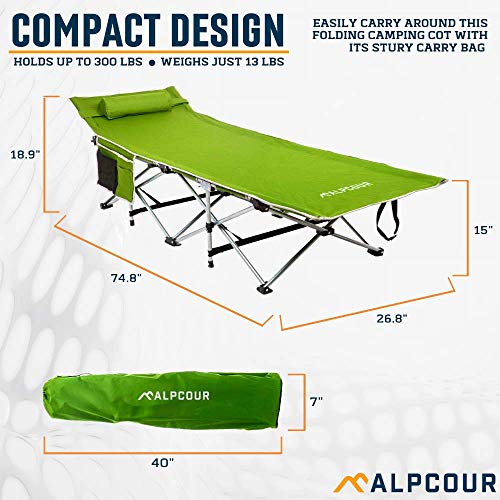 Alpcour Folding Camping Cot – Deluxe Collapsible Single Person Bed In A Bag W/Pillow For Indoor & Outdoor Use – Ultra Lightweight, Comfortable, Heavy Duty Design Holds Adults & Kids Up To 300 Lbs #TOP2