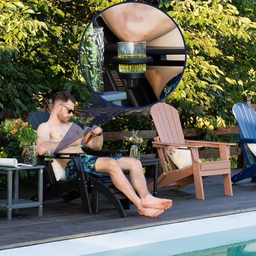 nevilywood Folding Adirondack Chair, Ergonomic Extended Backrest, HDPE All-Weather, 380lbs Capacity, Maintenance-Free, Cup Holder, (Black)- Outdoor Patio & Firepit Chair