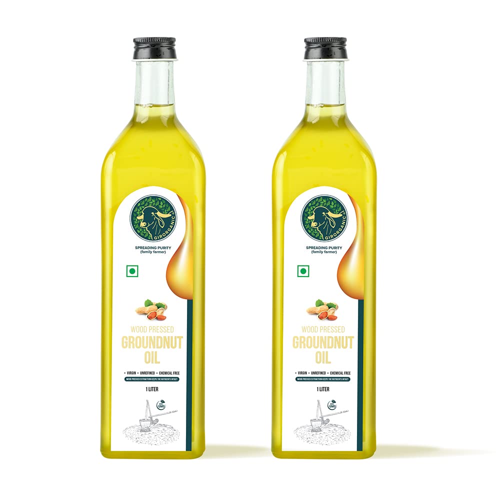 GirOrganic Wood Press Groundnut Oil | Kacchi Ghani | Virgin | Unrefined/Unfiltered | Cold pressed | Glass Bottle | 100% Natural cooking oil 1 litre (Pack of 2) | Gopal Ratna Award Winner 2023