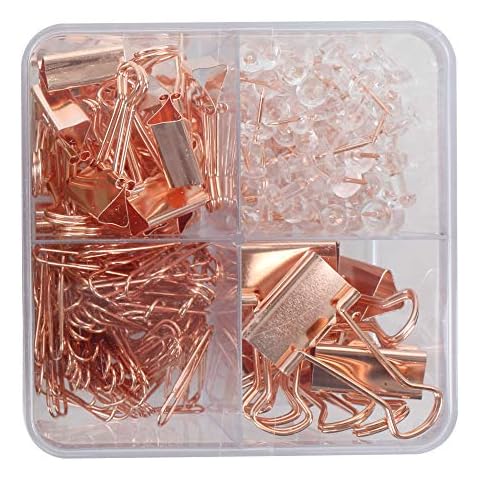 AOKIVIGOA Rose Gold Assorted Paper Clips and Push Pins Stationary Set with Clear Storage Box for School Office Home Supplies 226pcs Cover