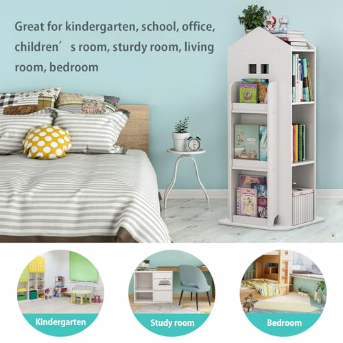 تكاتيك رف كتب دوار بـ3 طبقات بزاوية عرض 360 درجة، دولاب كتب للأطفال بتصميم قائم على الأرض، رف زاوية لتخزين الكتب لغرفة اللعب وغرفة الدراسة وغرفة النوم وغرفة المعيشة وغرفة الأطفال