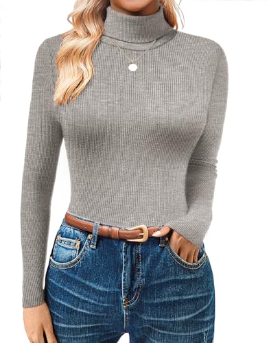 GKBK Womens Turtleneck Long Sleeve Tops Ribbed Basic Tshirts Thermal Underwear Warm Lightweight Fall Sweaters 2025 Fashion Outfits Winter Clothes Grey