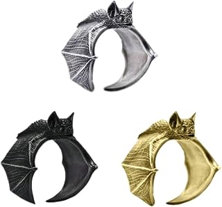 3 Pcs Vintage Halloween Bat Ring Set for Women Stackable Gothic Bat Finger Rings Open Adjustable Black Punk Batman Wing Ring Goth Kunckle Finger Band Ring Halloween Cosplay Accessories