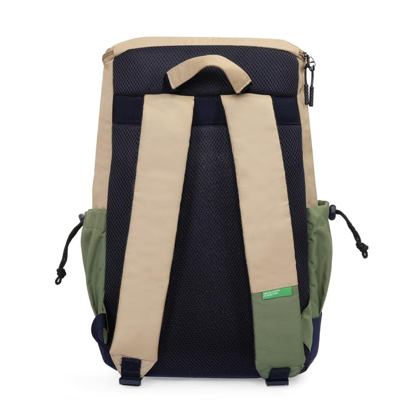 Image of United Colors of Benetton Cosmo 25L Backpack - Beige+Olive, Water-Resistant Drawstring Bag with Buckle Closure, Stylish & Casual Daypack