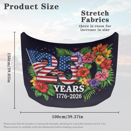 Image of 250 Years American Flag Hibiscus Print Car Hood Cover Elastic Fabrics Automotive Hood Covers Washed Auto Hood Flag Suitable for SUV and Pickup Trucks (59.05 X 39.37 inches)