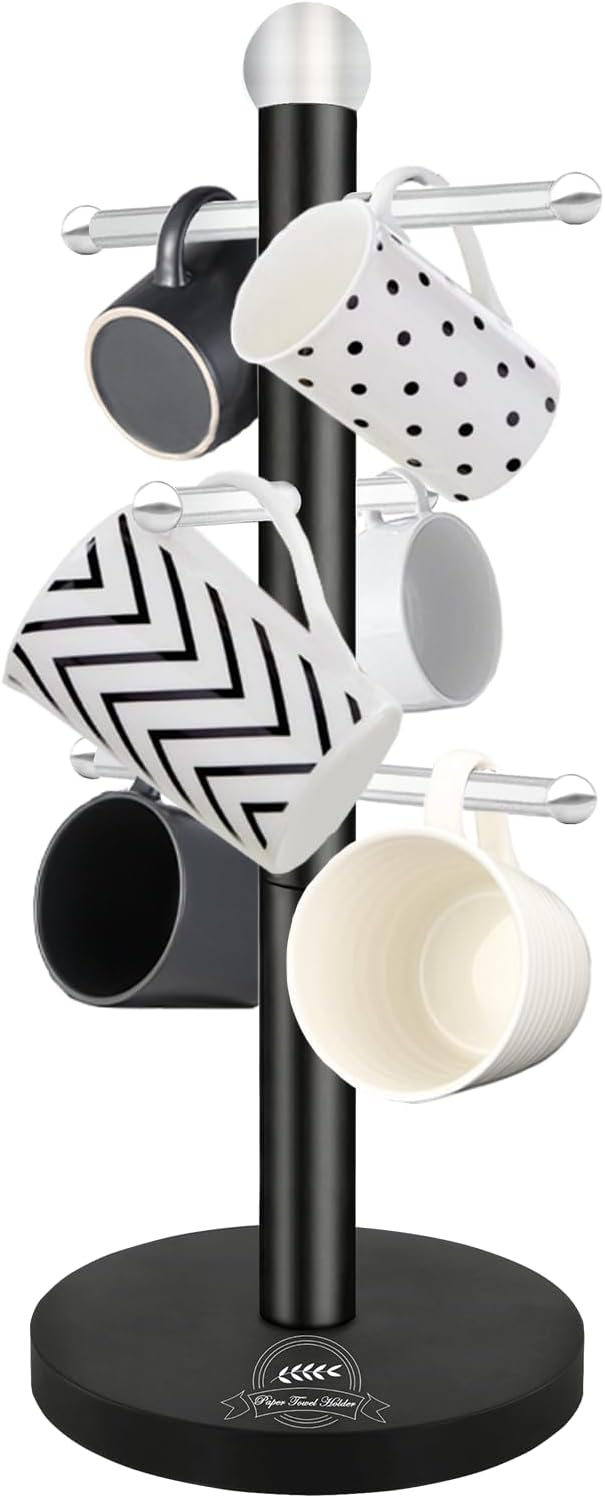 KAVSI Retro Black Mug Tree with 6 Hooks, Coffee Cups Holder