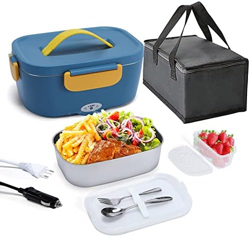 HOLDRUBY Heated Lunch Boxes for Adults, 75W Electric Lunch Box Food Heated 12/24/110V 1.5L Heatable Lunch Box for Car/Truck Leak-Proof Removable Stainless Steel Container, Fork & Spoon, Bag