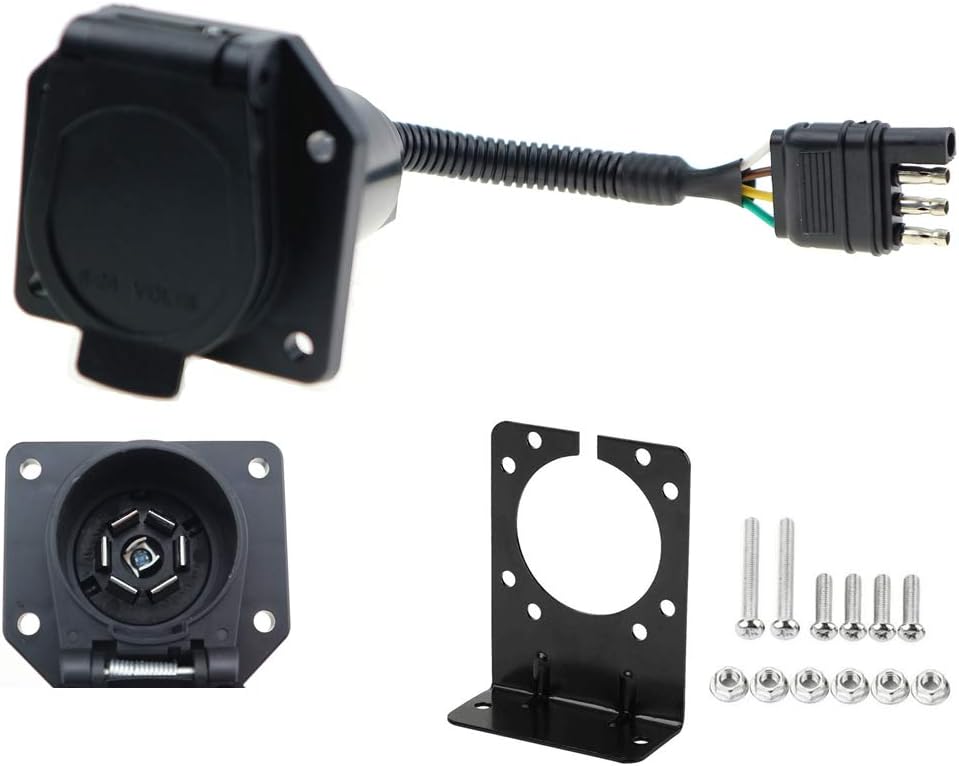 4 to 7 Way RV Trailer Light Plug Wire Harness Converter Adapter for Car Truck Trailer Hitch with Connector Socket Mounting Bracket
