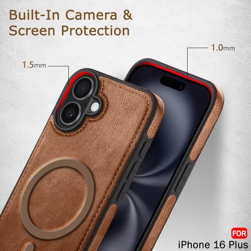 Image of TheGiftKart Genuine Leather Finish Back Cover Case for iPhone 16 Plus | Shockproof Design | Raised Edges for Camera & Screen Protection | Stunning Minimalist Design Case (MagSafe Compatible, Brown)