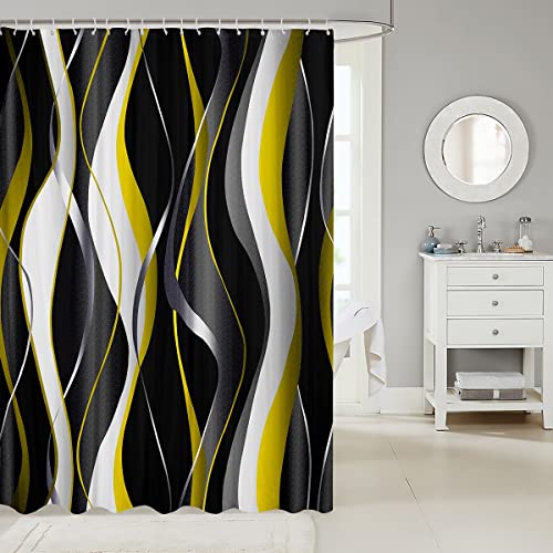 Loussiesd Yellow Grey Black Fabric Shower Curtains Geometric Spiral Pattern Shower Curtain for Boys Girls Abstract Art Bathroom Waterproof Accessories with 12 Hooks Modern Luxury Curtains,72x78 Inch - Image 2