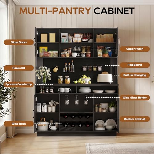 IPKIG 71\" Tall Kitchen Pantry Cabinet with LED Lights, Kitchen Storage Cabinet with Charging Station, Kitchen Hutch with Anti-Tip Device for Dining Room, Black - Thumbnail 5