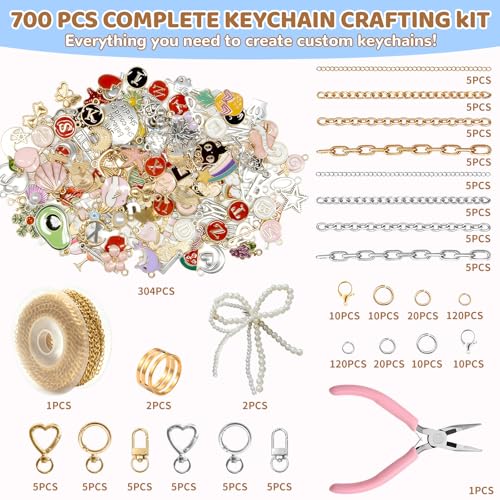 Image of Grnheat 700 Pcs Charms Lip Gloss Keychain Making Kit - DIY Craft with Charms - Key Chain Hooks, Jump Rings, Lobster Clasps, Chains & Tools, Bag Charm Kit - Keychains Make Supplies