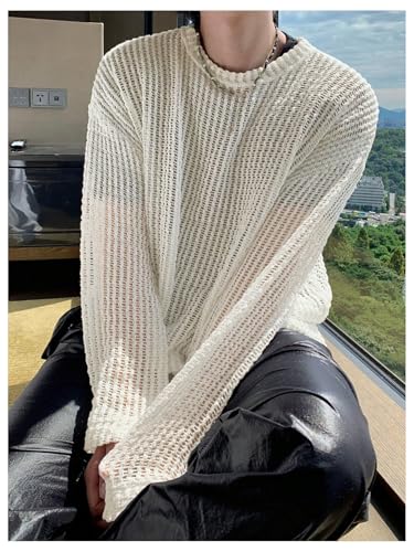 SHENHE Men's Hollow Out Sweater Crew Neck Y2k Oversized Loose Knit Sweater Jumper Streetwear2