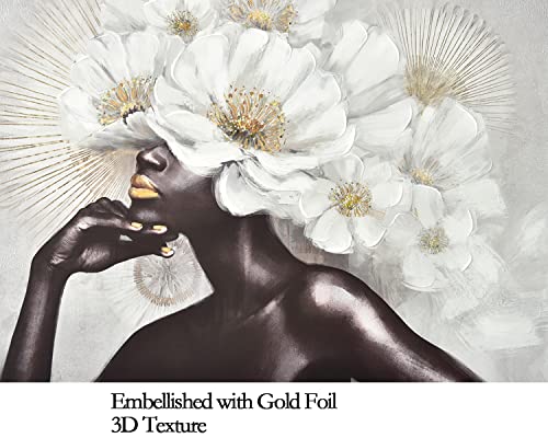 Artinme Framed African American Black Art Women With Glod Flowers Wall Art Hand-Painted On Canvas Print Wall Picture For Home Accent Living Room Wall Deco 24"X36" #TOP1