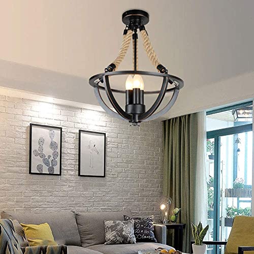 Suspension 3 flammes corde de chanvre luminaire rétro lustre métal E14