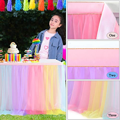 Rainbow Table Skirt For Baby Shower Girl Birthday Party 14Ft Colorful Tulle Tutu Table Skirt Decorations For Gender Reveal Unicorn Theme Party Cake Dessert Decorations(L14(Ft) H 30In, Rainbow) #TOP6