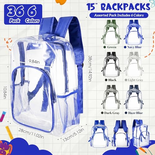 Image of Amylove 36 Pcs Clear Backpack bulk for Stadium Events Heavy Duty PVC Transparent Bookbag for College Workplace Security (15 Inches,6 Colors)