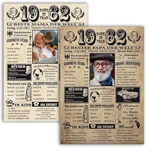 6 Felder personalisierbar! 1962 Jahreschronik zum 60. Geburtstag Mann und 60. Geburtstag Frau – Ausdruck auf 400g/qm…