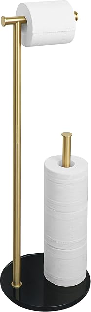 Sayayo Toilet Roll Holder Free Standing Gold Toilet Paper Holder for Bathroom, SUS304 Stainless Steel Poles and 12MM Thick Tempered Glass Base, Additional Storage Stand for 3-4 Rolls (70CM Height)