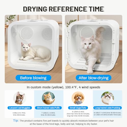 Image of Automatic Pet Hair Dryer Box, 70L Dual Motor Fans Blower for Cats and Small Dogs, 360 Drying, Temperature Control, Self-Dryer Boxes with 4 Adjustable Speed Settings & 5 Drying Modes, 5 Towels, White