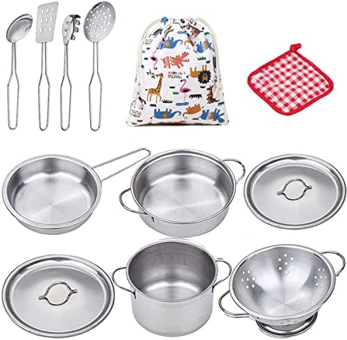 Kids pots and Pans playset, Real Steel Pretend Kitchen Toy, Kids Play Kitchen Accessories, Mini Cooking Set for Kids Montessori Kitchen playset , Play Kitchen Toys for Toddlers