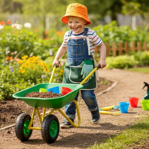 Image of Toddler Gardening Metal Wheelbarrow Set for Kid with 12 PCS Tool(Green Set) | Children Wheelbarrow Apron,Gloves,Hat,Flower Pot,Bag,Label,Watering Sprayer,Pointed Shovel,Square Shovel,Rake
