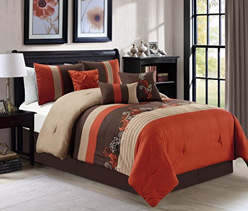 Chezmoi Collection Napa 7-Piece Luxury Autumn Leaves Scroll Embroidery Bedding Comforter Set (King, Rust Orange/Brown/Taupe)