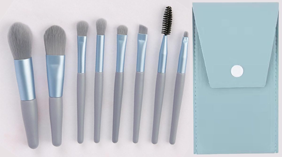 8 Pieces Travel Makeup Brushes with Bag Set, Mini Makeup Brushes for Face Foundation Blush Eyeshadow (Blue)