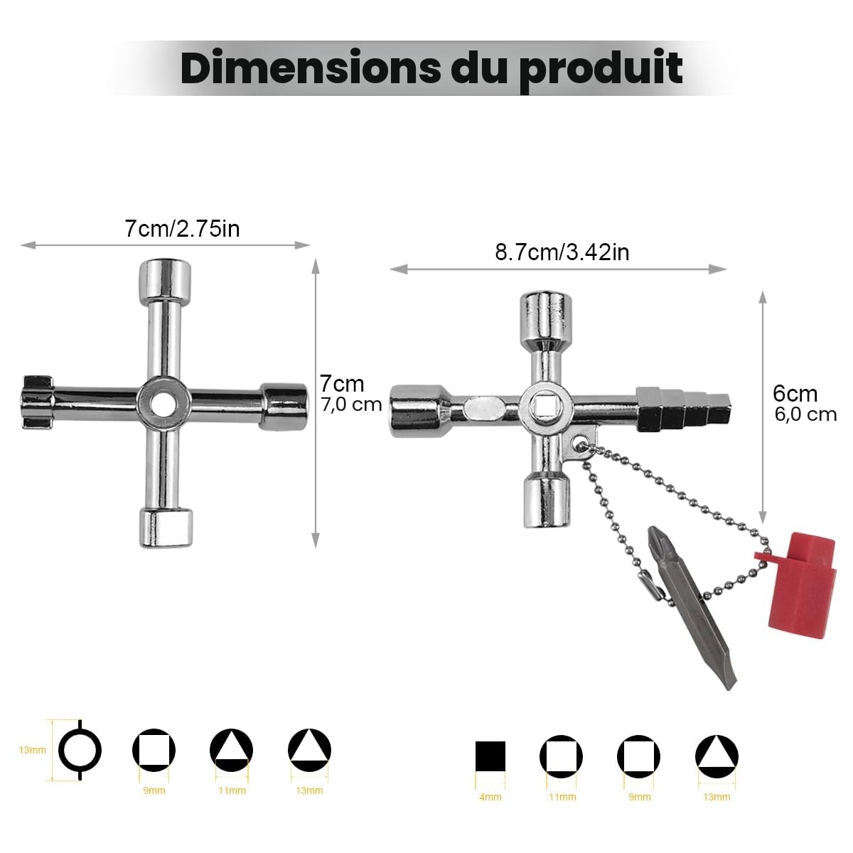 Lot de 9 clés universelles, triangulaires, carrées, clés rondes pour robinet, radiateur, poubelle, compteur d'électricité et d'eau, armoire de contrôle, clé à 4 voies incluse