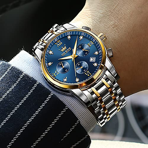 Olevs Men Watches Big Face Watch For Men Gold And Silver Luxury Blue Watches Mens Analog Quartz Fashion Stainless Steel Watches Roman Numerals Watches Day Date Dress Men Wristwatches #TOP3